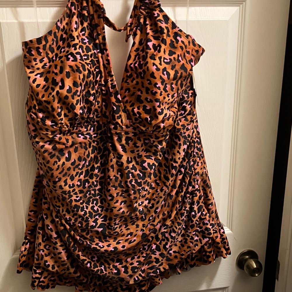 new directions Leopard Halter One-Piece Swimsuit in Pink and Brown